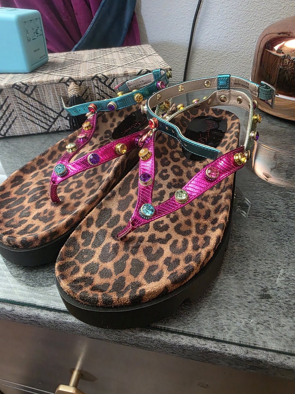 Betsey Johnson Multicolor Metallic Gem Leopard-Print Platform Sandals - Picture 5 of 6
